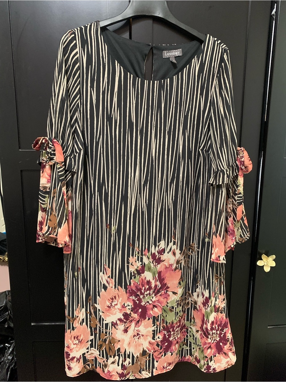 Luxology Black Midi Dress Pink Floral striped Tie bell Sleeves flowy chiffon